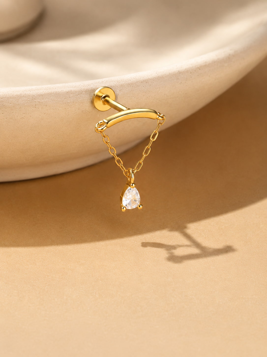 Gold pear-shaped drop chain 925 sterling silver hidden helix earring