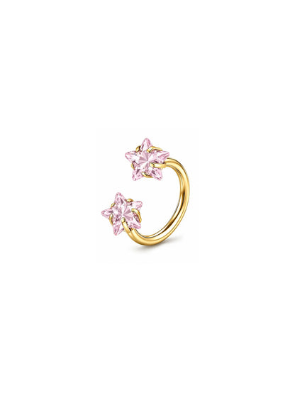 Gold G23 titanium double star horseshoe ring with pink star stones