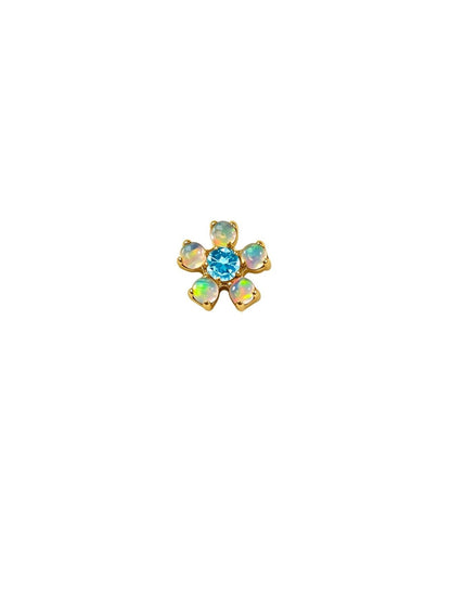 Gold G23 titanium flower flat back with rainbow opal petals and aqua blue CZ center