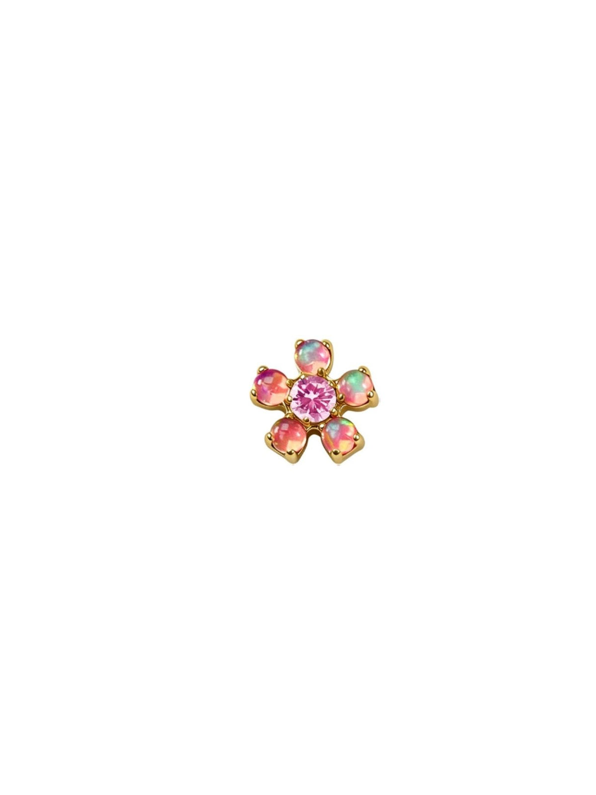Gold G23 titanium flower flat back with rainbow opal petals and light pink CZ center