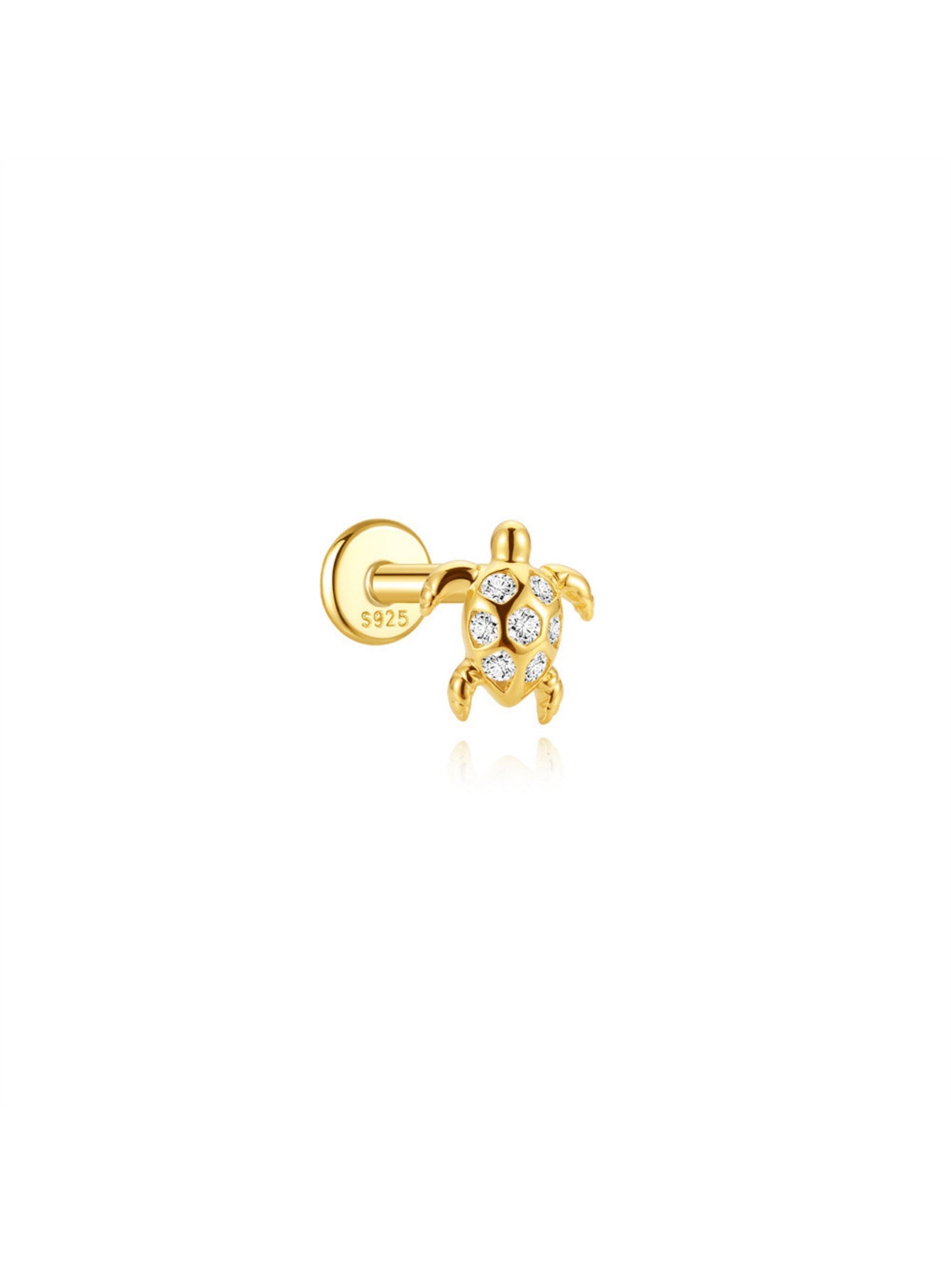 Gold sea turtle flat back piercing stud with clear crystal accents in 925 sterling silver