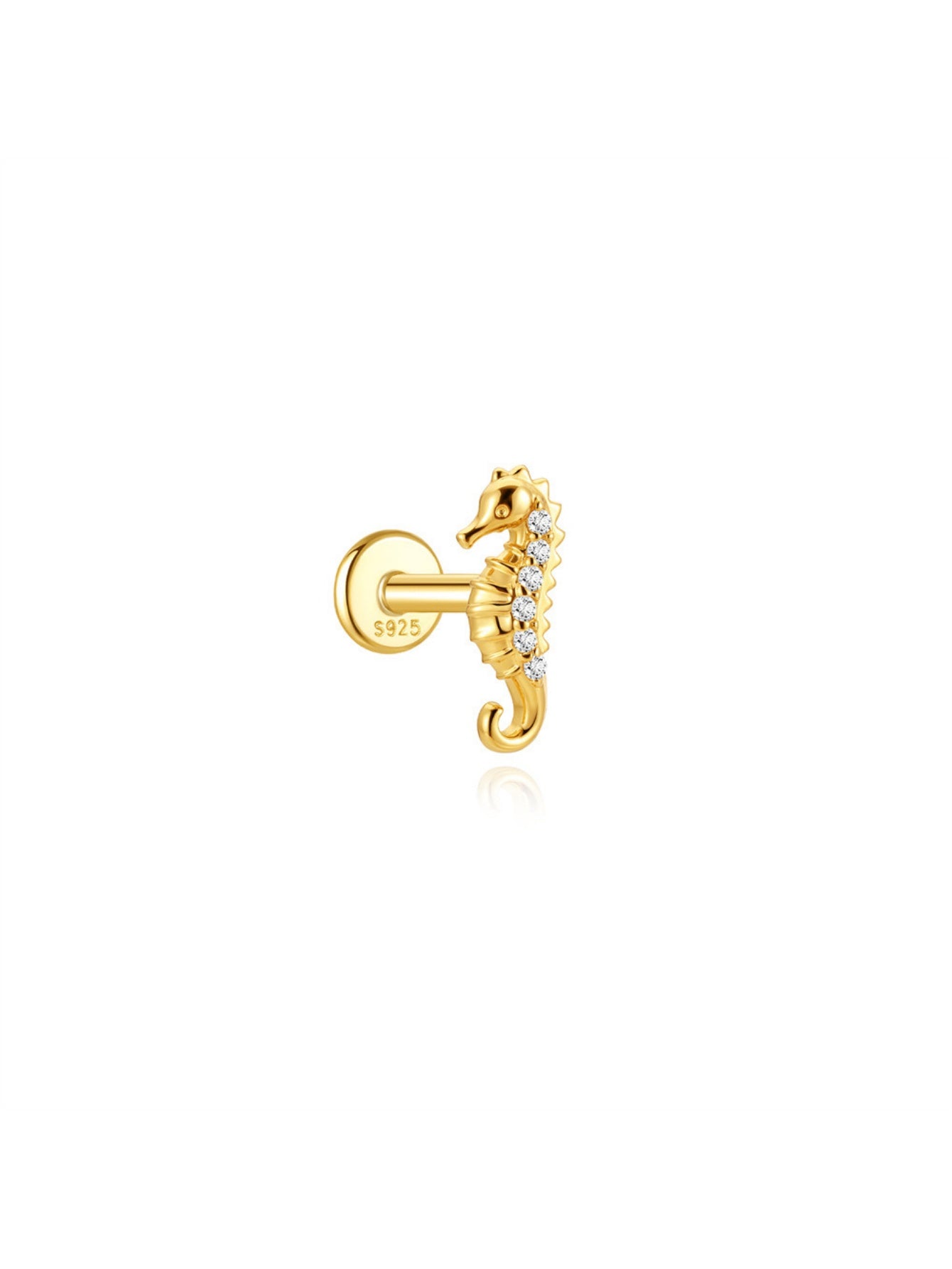 Gold seahorse flat back piercing stud with clear crystal accents in 925 sterling silver