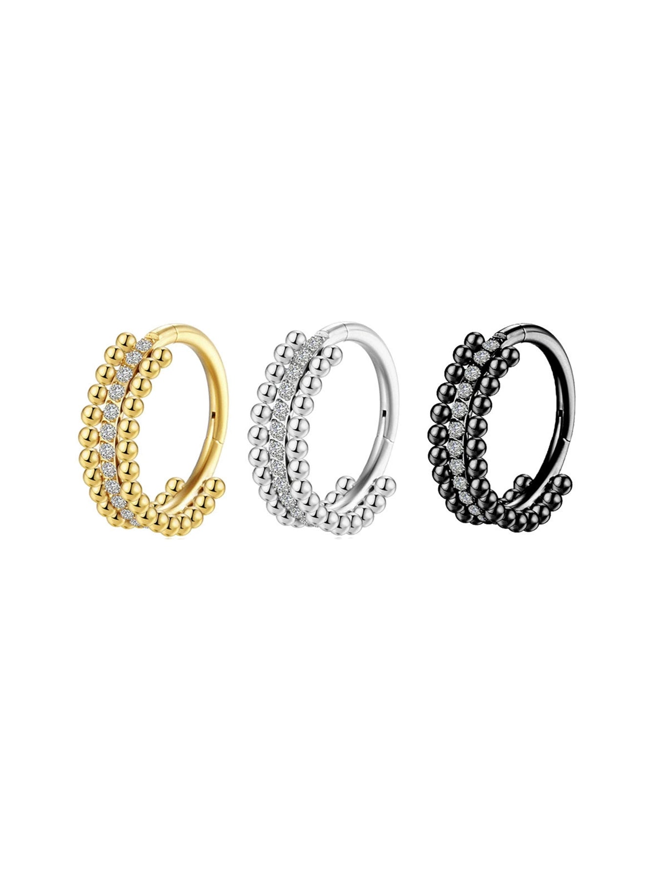 G23 Titanium Triple Row CZ Beaded Clicker Hoop Ring