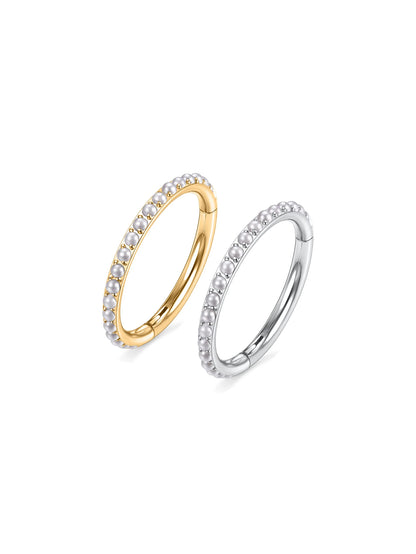 Gold and silver G23 titanium freshwater pearl clicker hoop rings