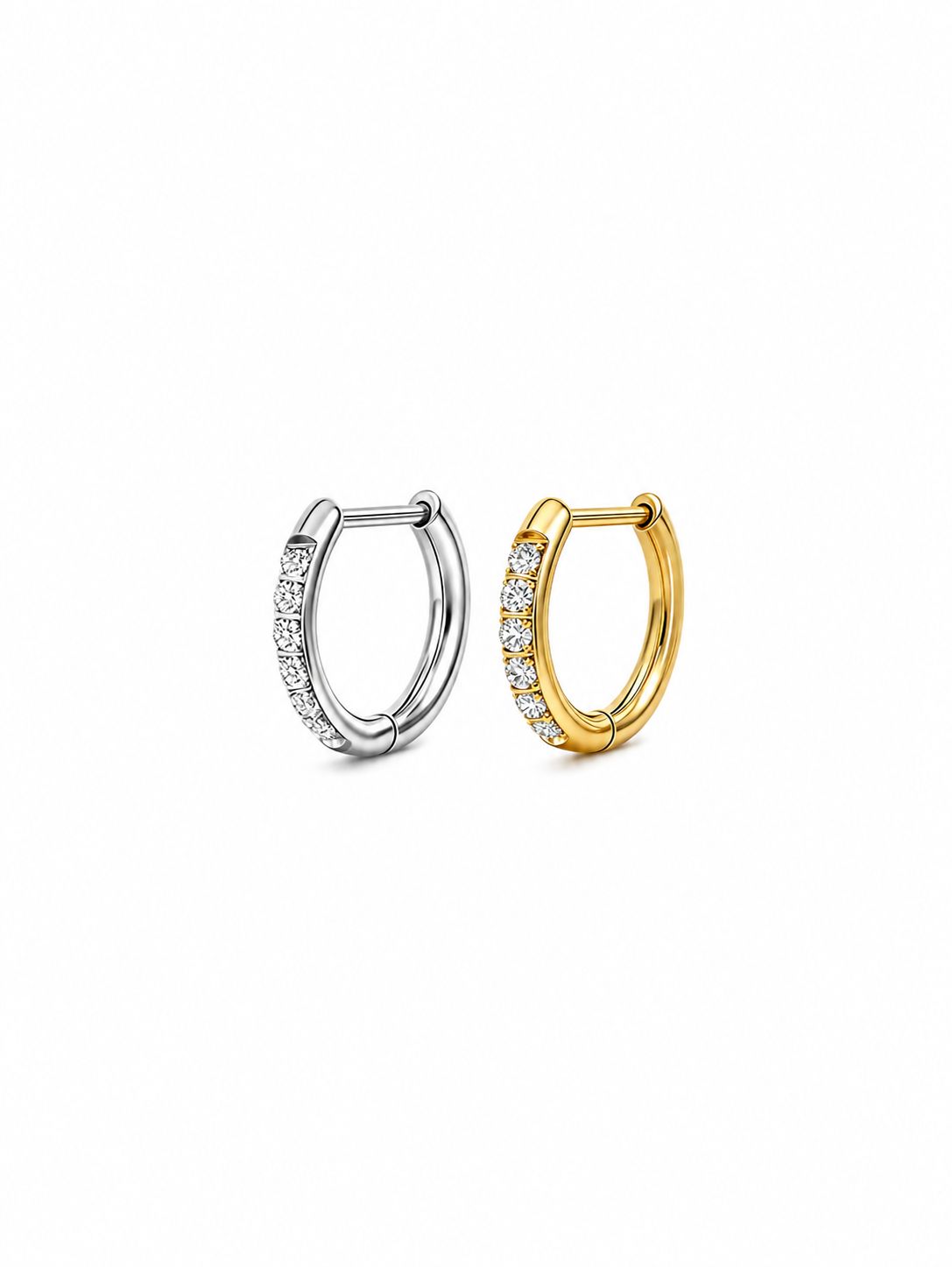 Gold and silver G23 titanium pavé cubic zirconia straight-post clicker hoops on a white background.