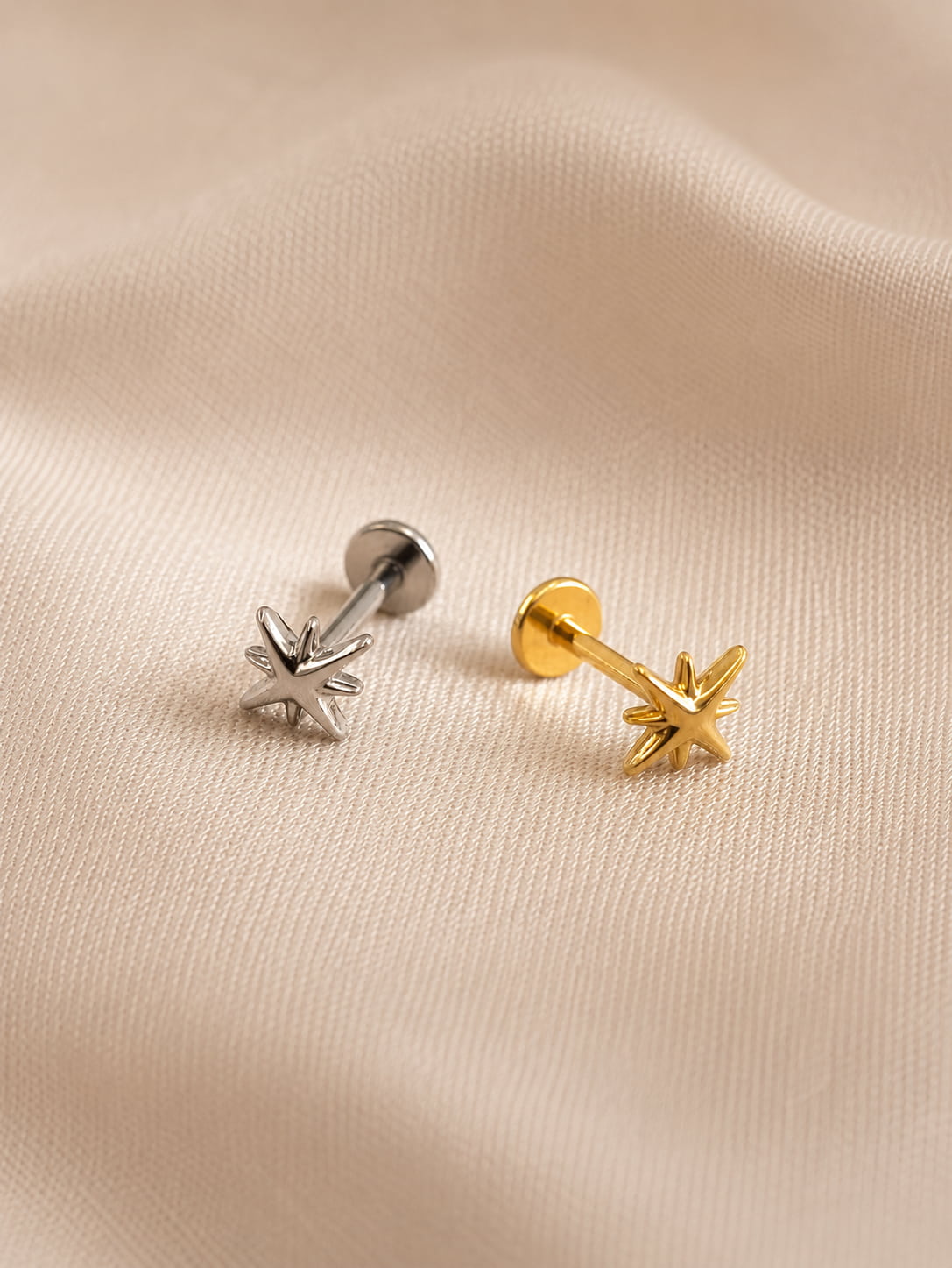 Gold and silver G23 titanium star threadless push in flat back studs