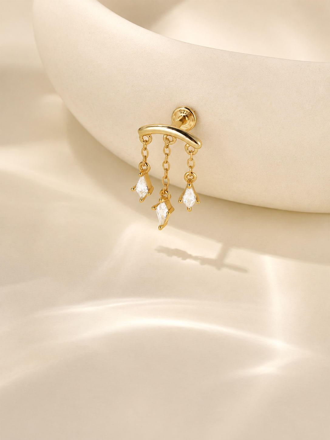 Gold tone 925 sterling silver hidden helix stud with three geometric dangling stones