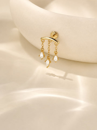Gold tone 925 sterling silver hidden helix stud with three geometric dangling stones