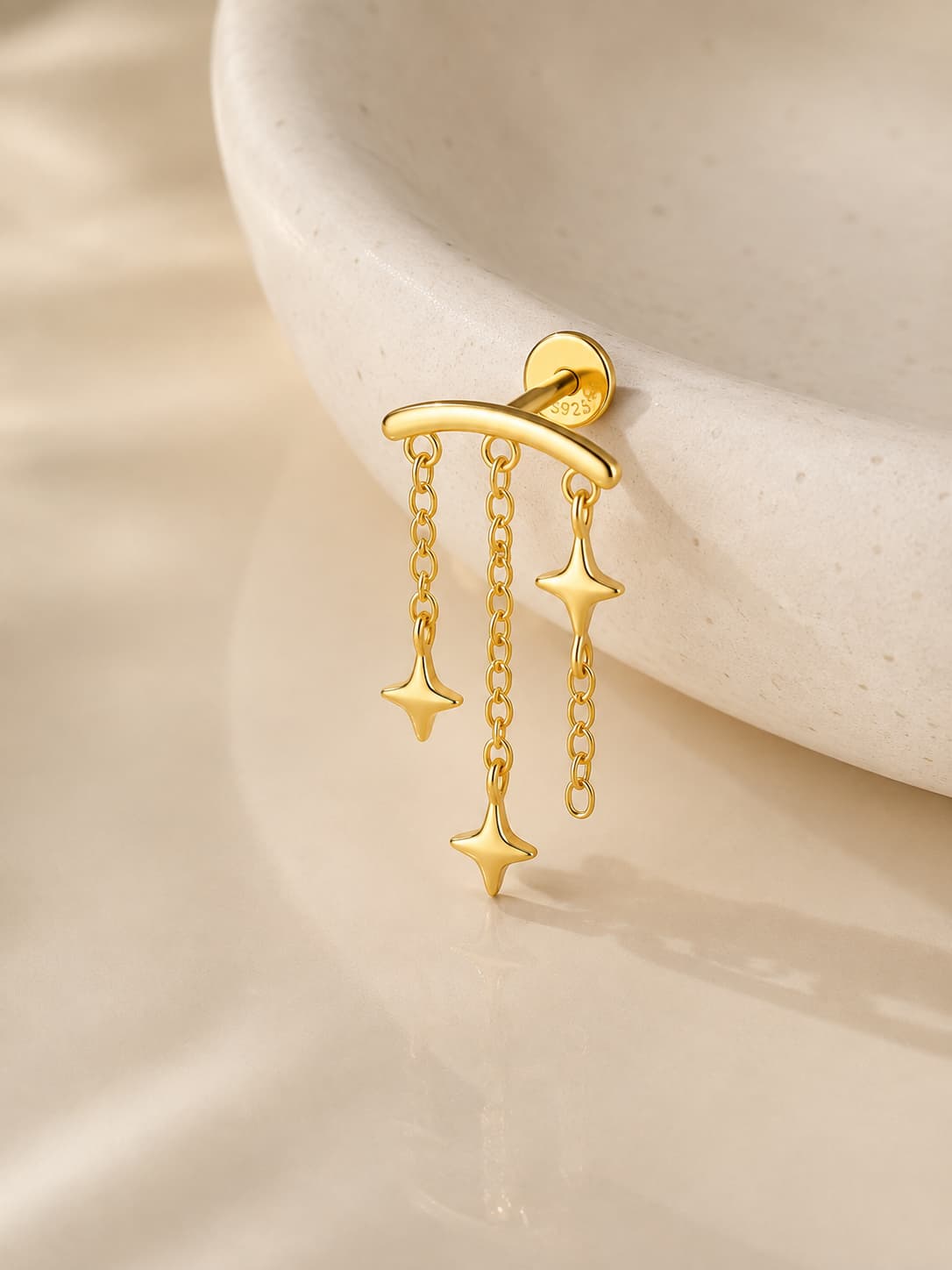 Gold tone 925 sterling silver triple star dangle hidden helix stud