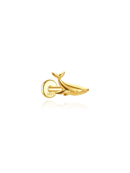 Minimalist gold whale flat back piercing stud crafted from 925 sterling silver