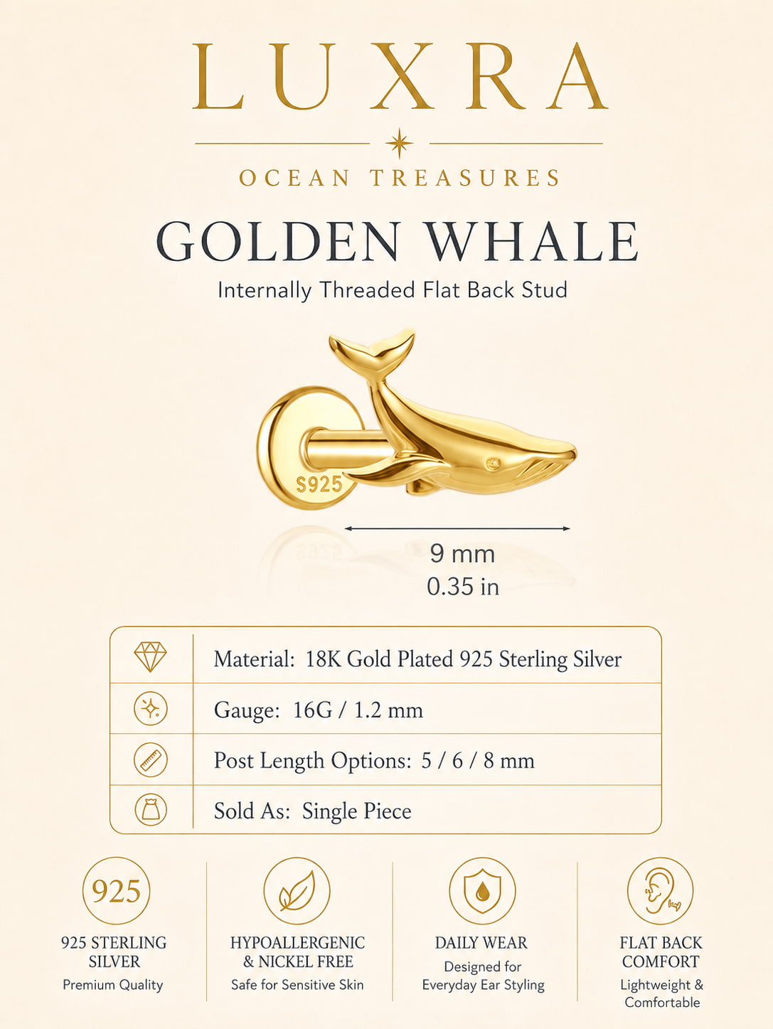 Golden whale internally threaded flat back stud crafted from 18K gold plated 925 sterling silver