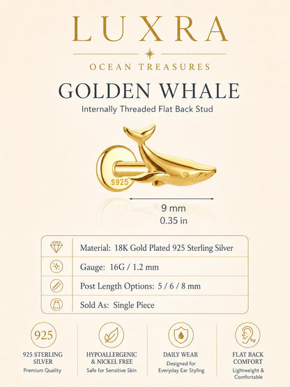 Golden whale internally threaded flat back stud crafted from 18K gold plated 925 sterling silver