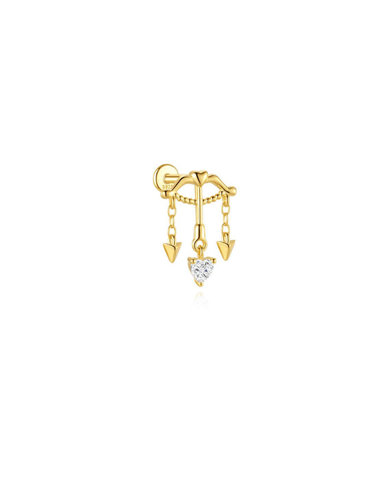 Gold tone 925 sterling silver heart and arrow dangle hidden helix stud