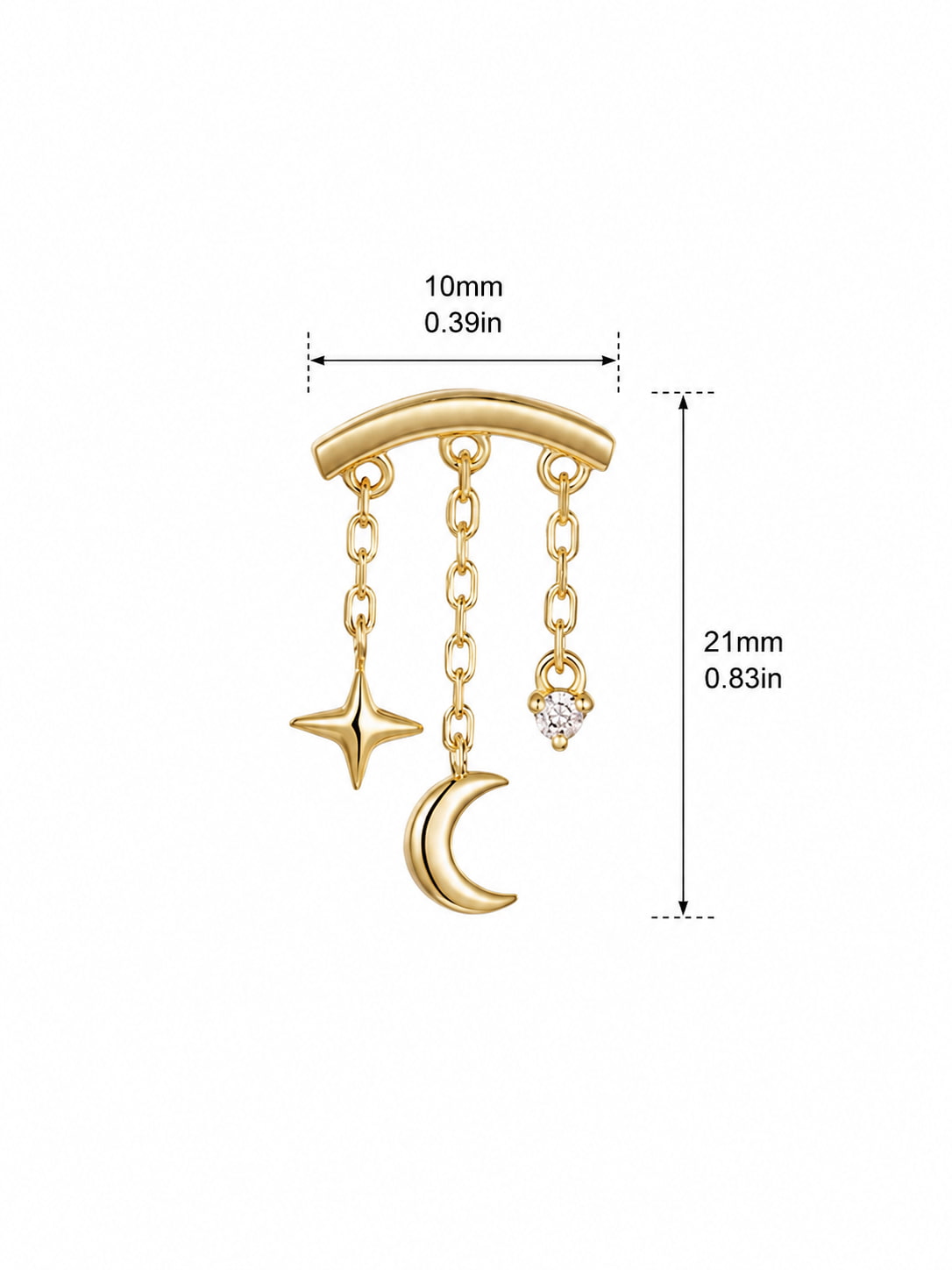 Size guide for 925 sterling silver celestial hidden helix stud showing 10mm width and 21mm height