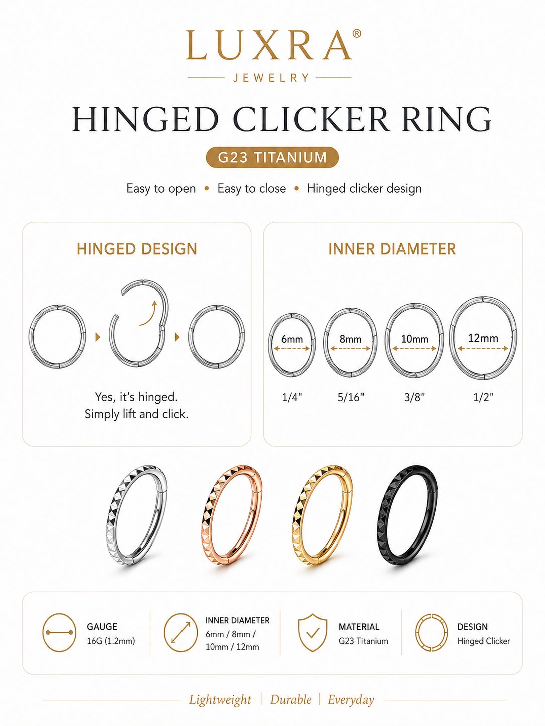 Hinged titanium clicker ring opening guide and 6mm 8mm 10mm 12mm size chart