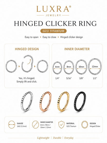 Hinged titanium clicker ring opening guide and 6mm 8mm 10mm 12mm size chart