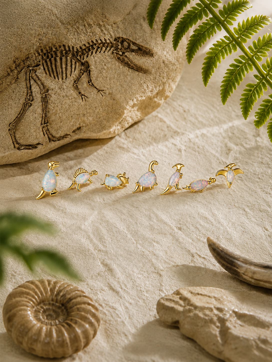 Opal dinosaur 925 sterling silver earring collection with prehistoric fossil styling