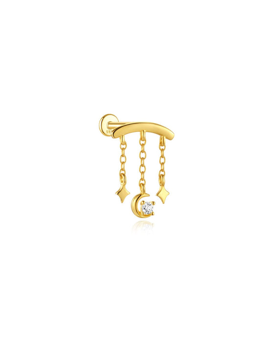 Luna Starfall 925 sterling silver hidden helix earring with crescent moon and star dangles