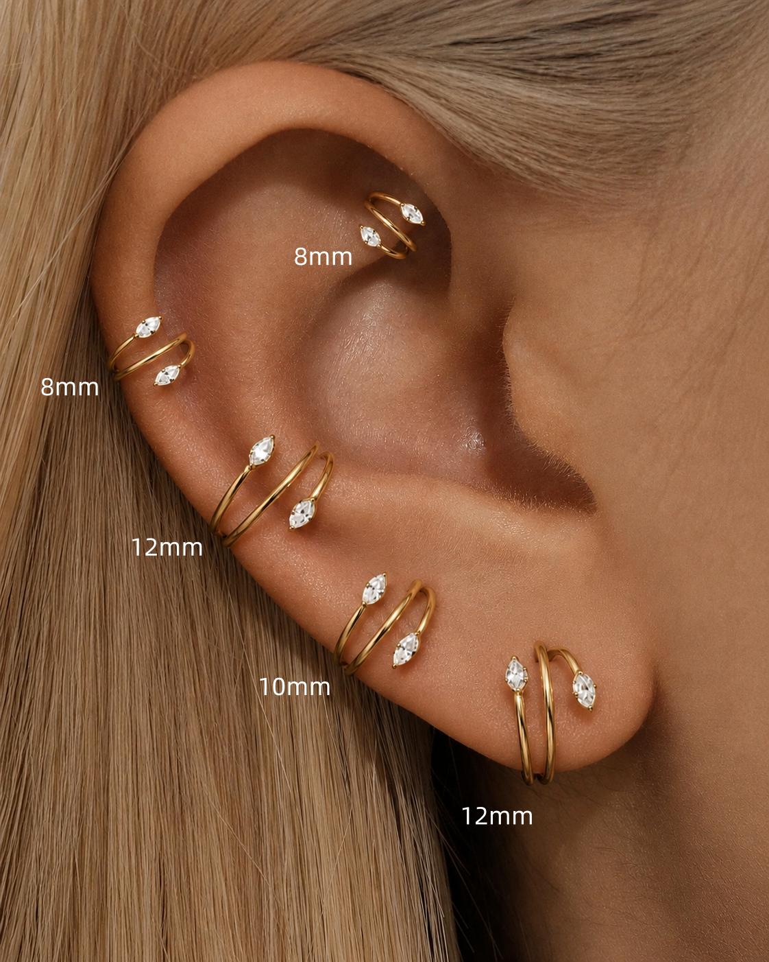 Marquise CZ titanium clicker hoop size guide showing 8mm 10mm and 12mm