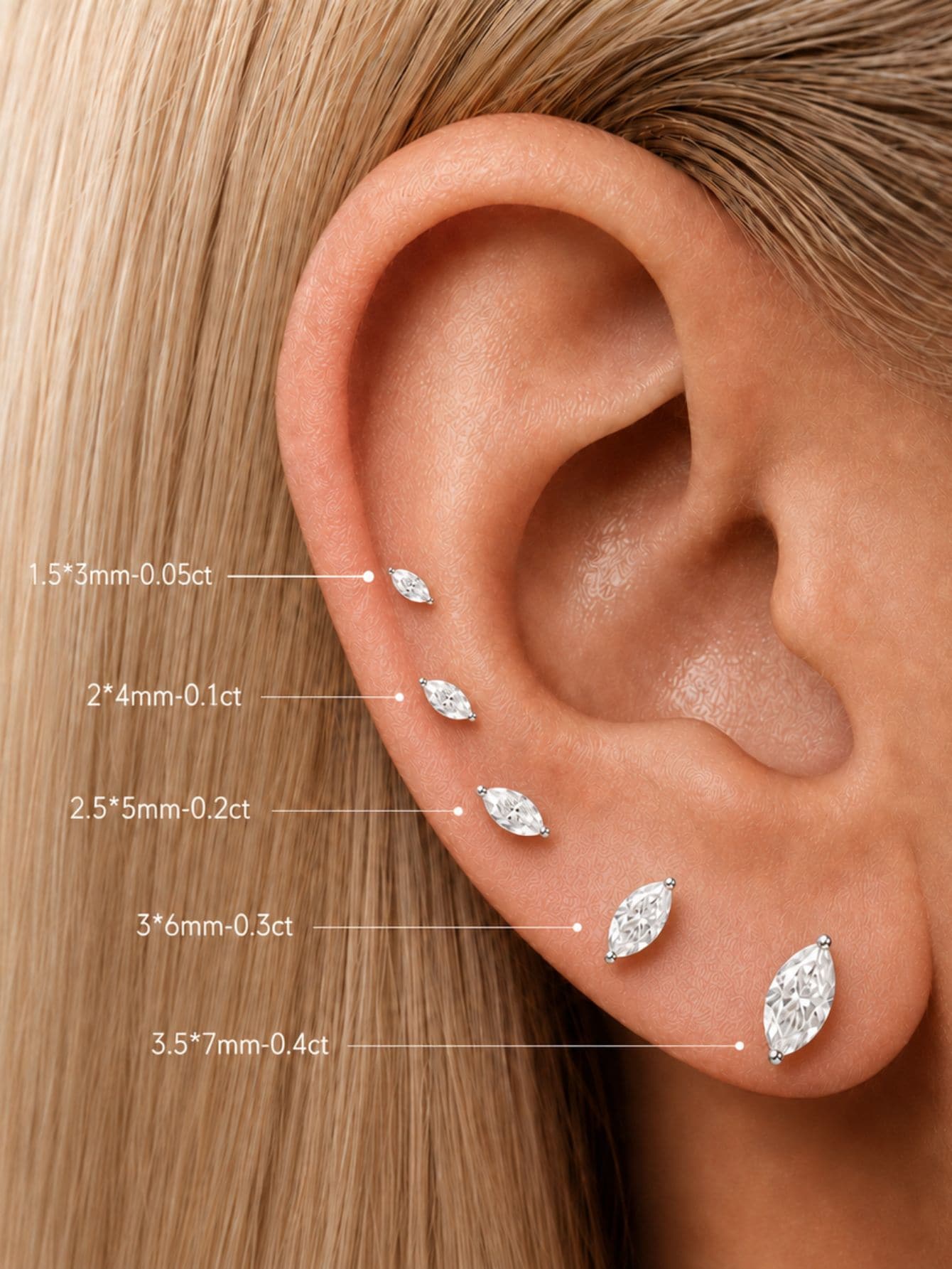 Marquise moissanite flat back stud size guide from 1.5x3mm to 3.5x7mm