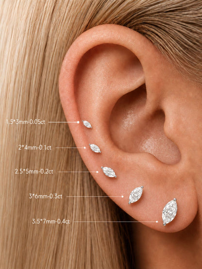 Marquise moissanite flat back stud size guide from 1.5x3mm to 3.5x7mm