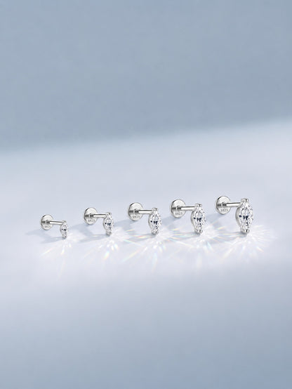 Marquise-cut moissanite sterling silver flat back studs in five graduated sizes