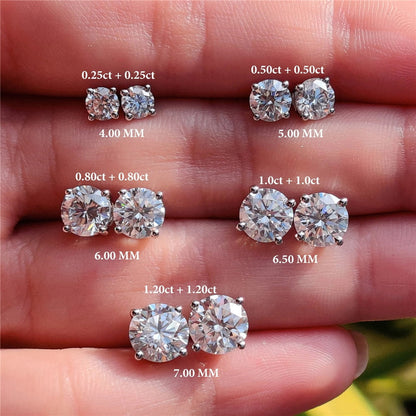Moissanite stud earring size chart showing millimeter and carat comparison