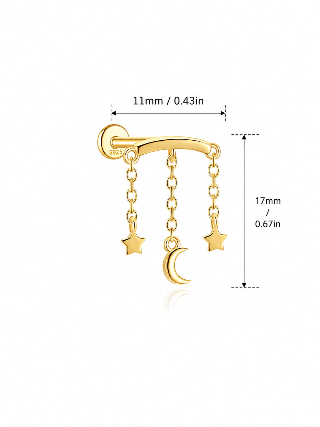 Moon and star 925 sterling silver hidden helix earring size 11mm by 17mm