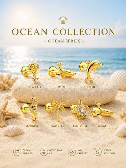 Ocean Treasures collection of gold plated 925 sterling silver flat back studs featuring seashell, whale, dolphin, seahorse, palm tree and sea turtle designs