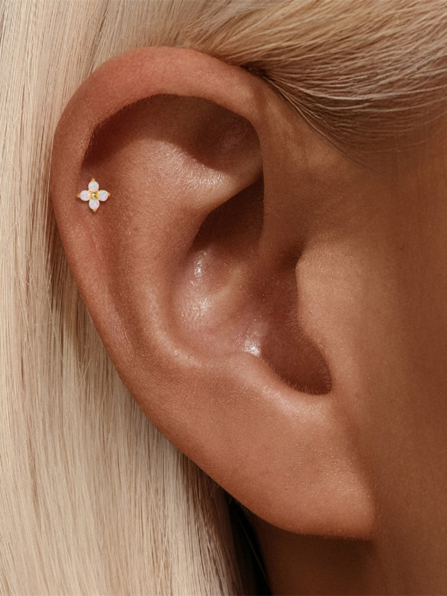 Opal flower flat back earring worn on helix cartilage piercing