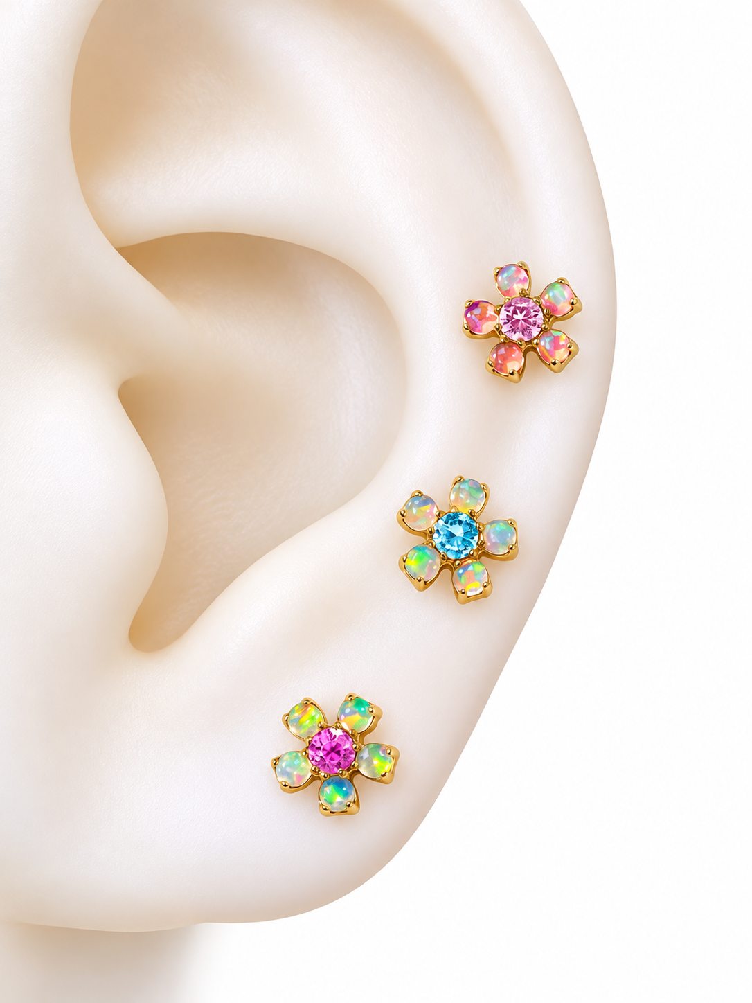 Rainbow opal flower flat back jewelry shown in multiple ear piercing placements