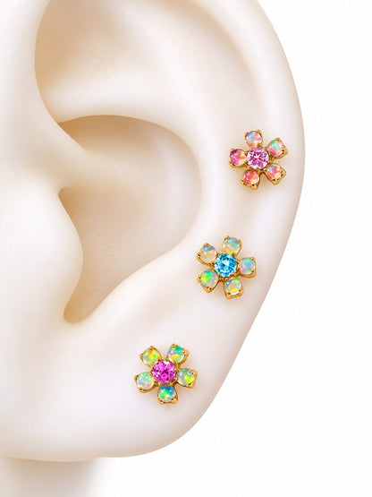 Rainbow opal flower flat back jewelry shown in multiple ear piercing placements