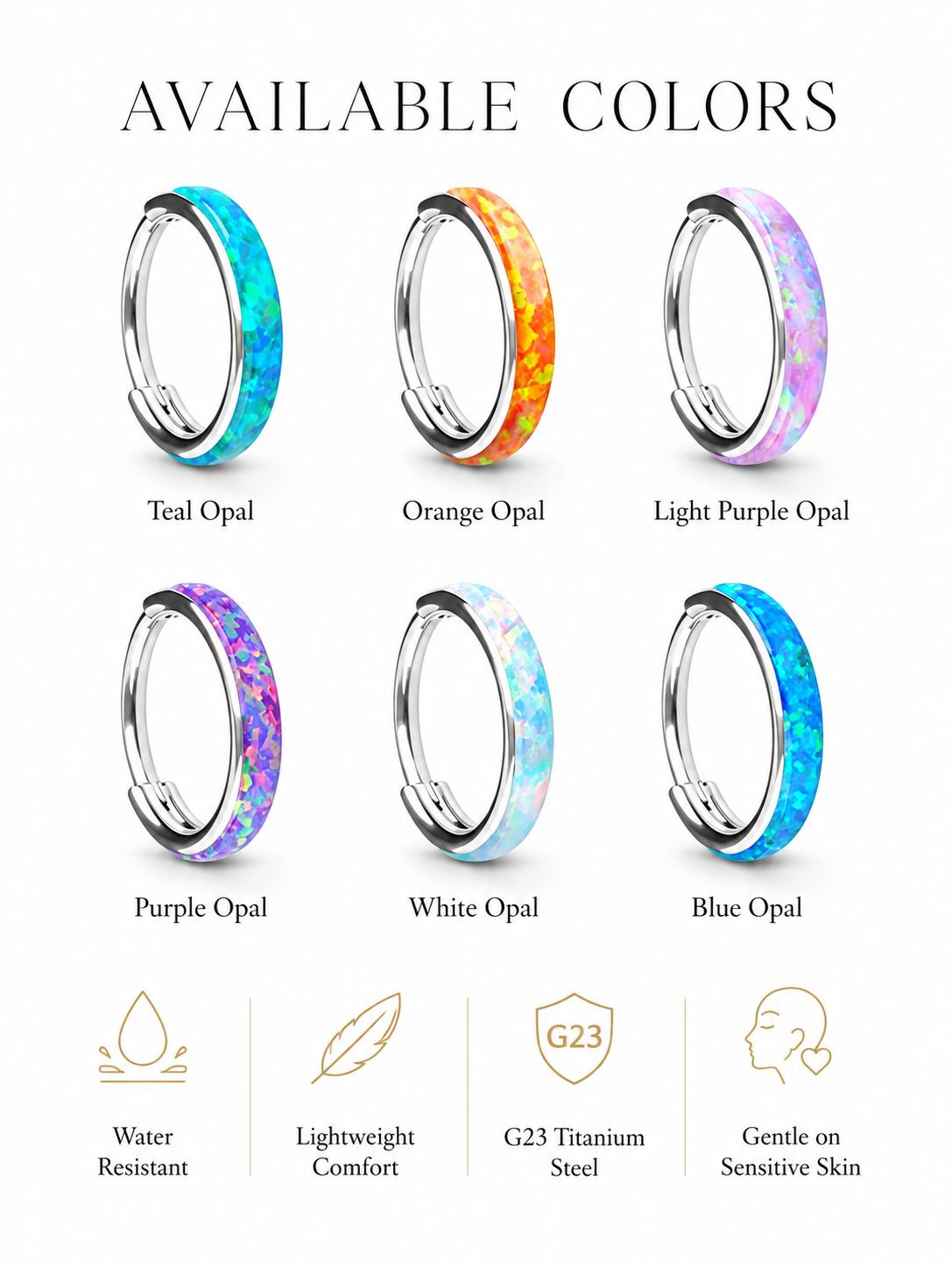 Six opal clicker hoop colors including teal, orange, light purple, purple, white and blue.