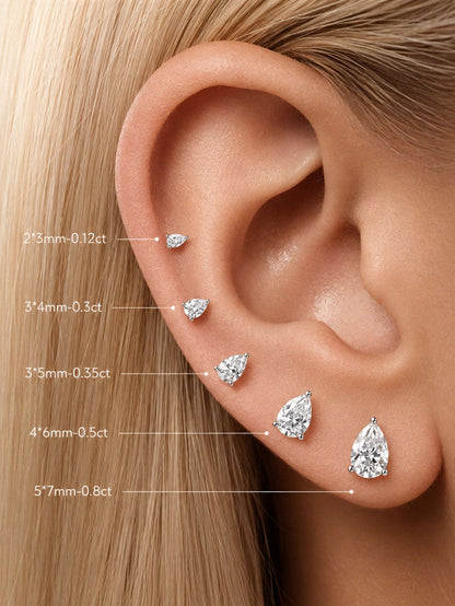 Pear-cut moissanite flat back stud size guide from 2x3mm to 5x7mm