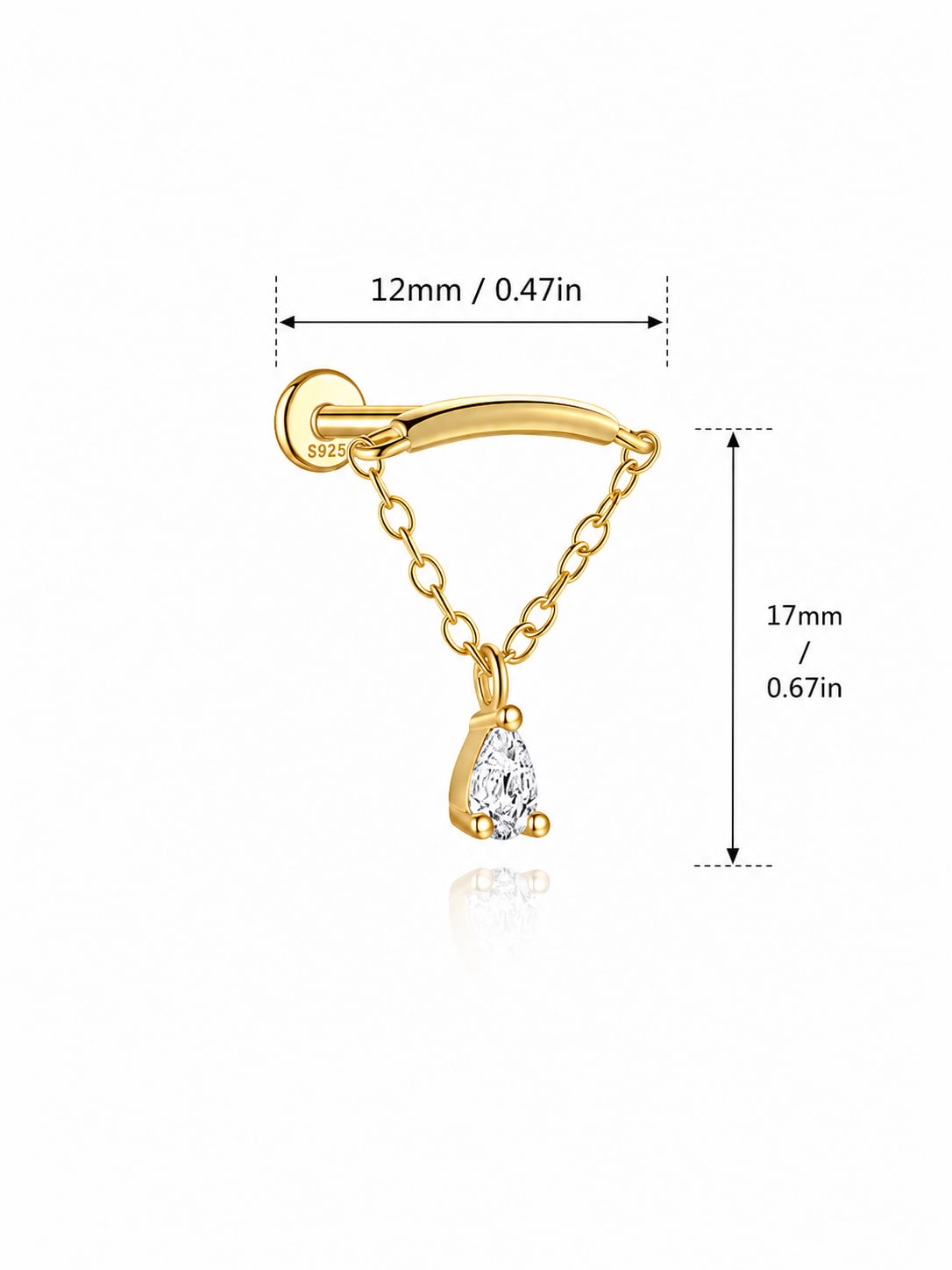 Pear drop 925 sterling silver hidden helix earring size 12mm by 17mm