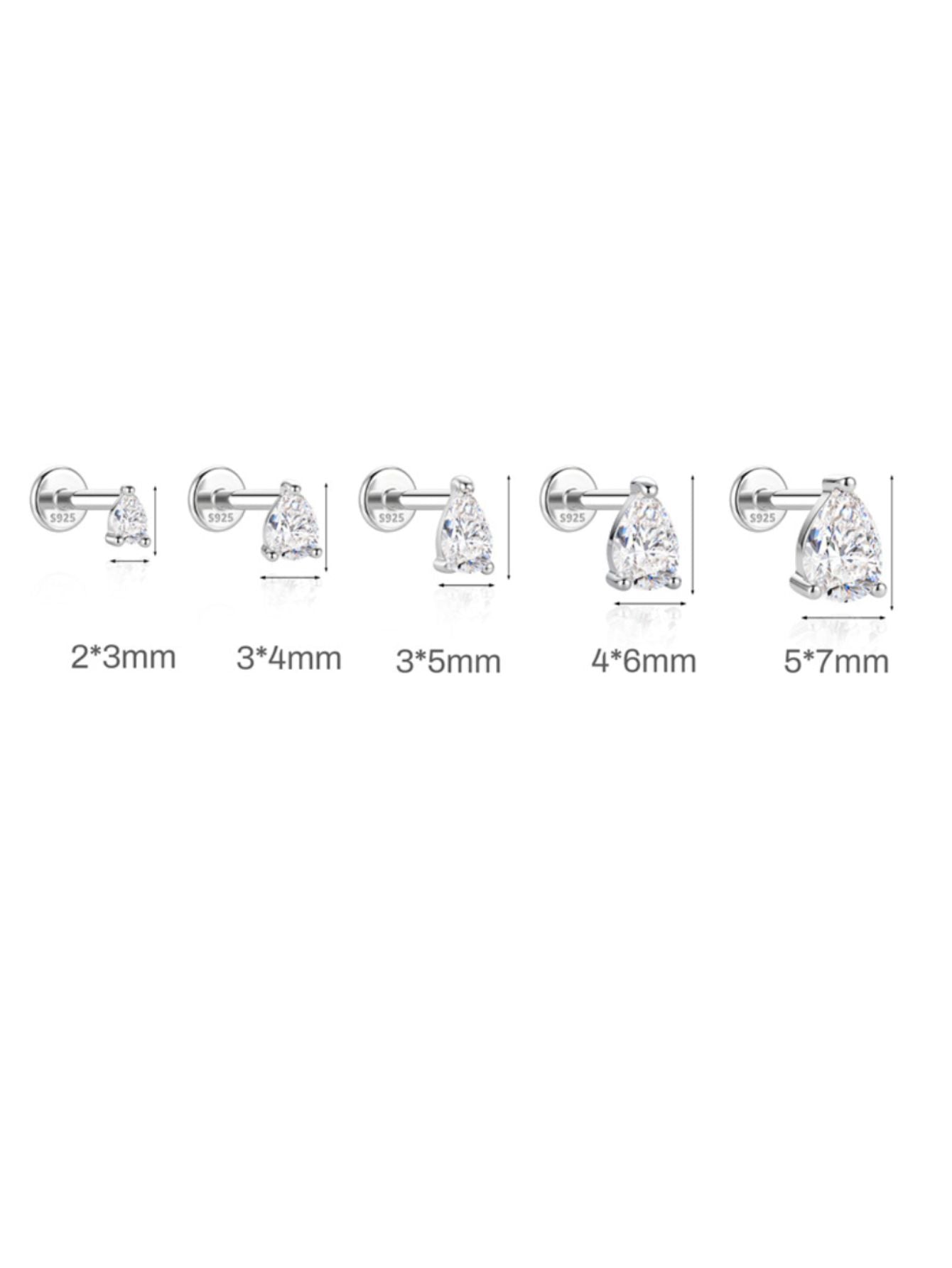 Pear-cut moissanite flat back stud size comparison in five available sizes