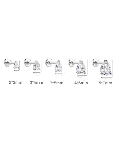 Pear-cut moissanite flat back stud size comparison in five available sizes