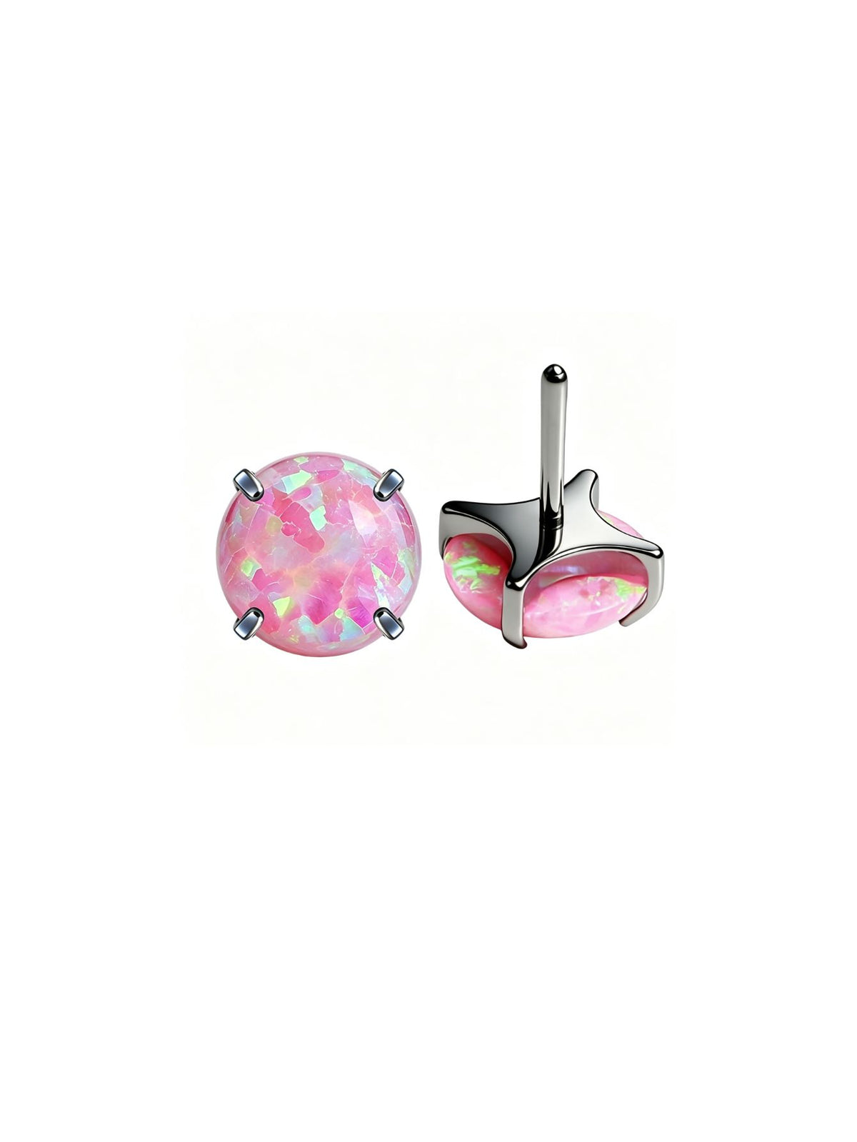 Pink opal G23 titanium flat back stud shown from front and side view