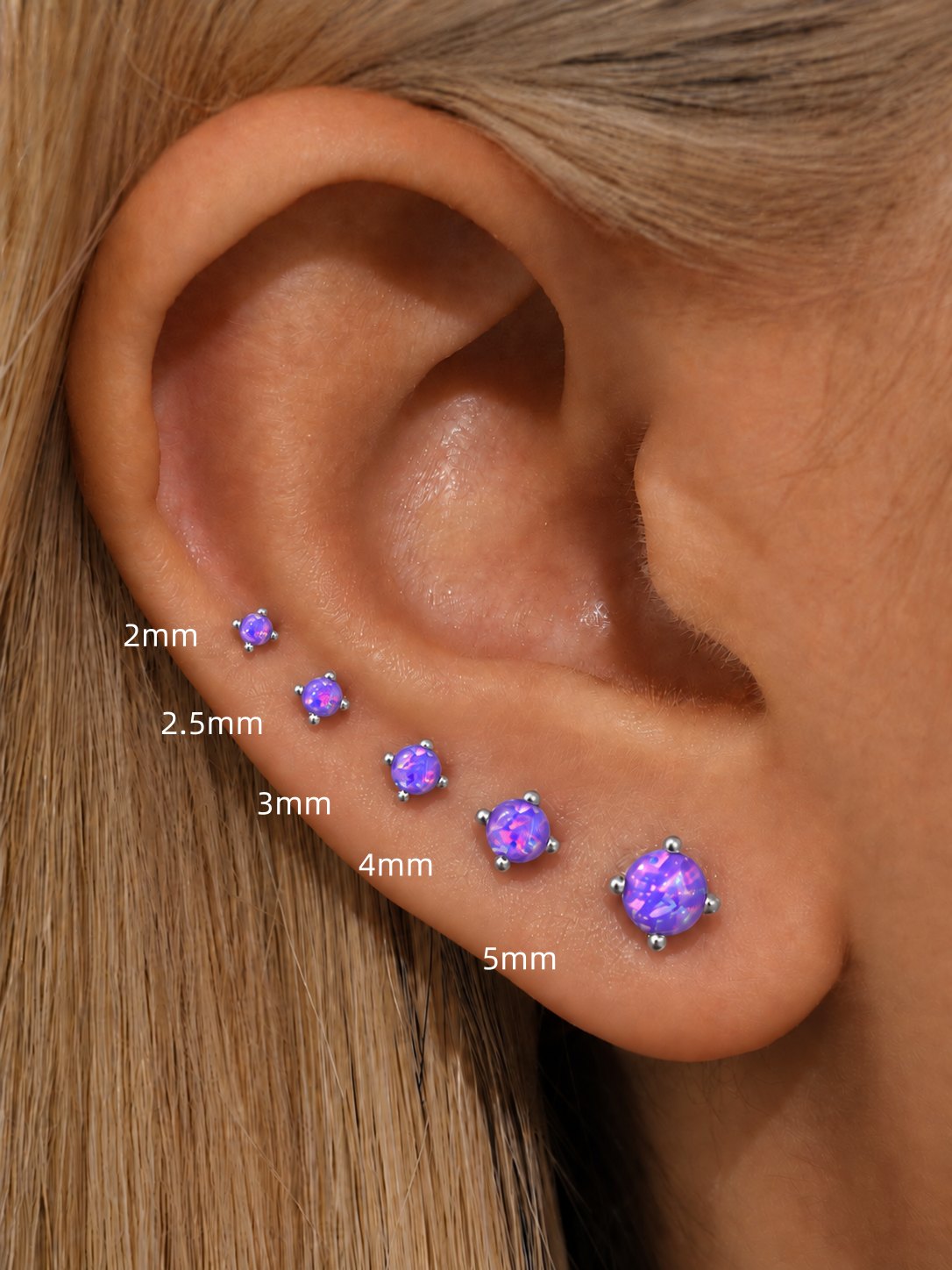 Purple opal flat back stud size comparison showing 2mm, 2.5mm, 3mm, 4mm and 5mm on ear