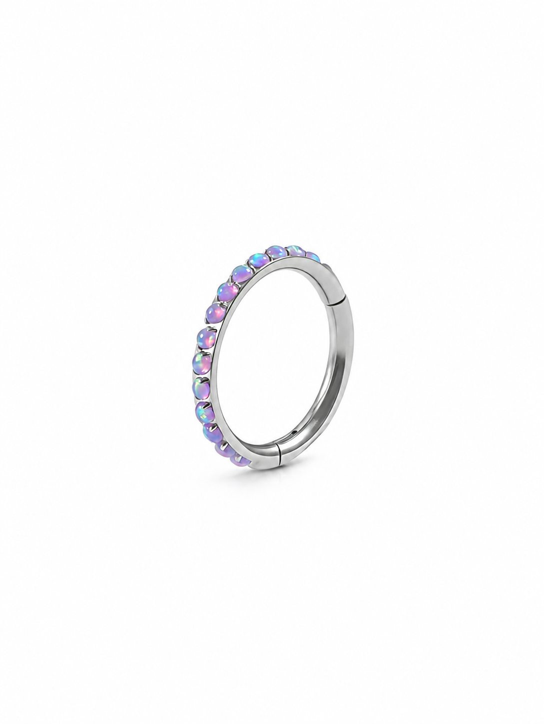 Purple opal titanium clicker rings styled in a cartilage ear stack