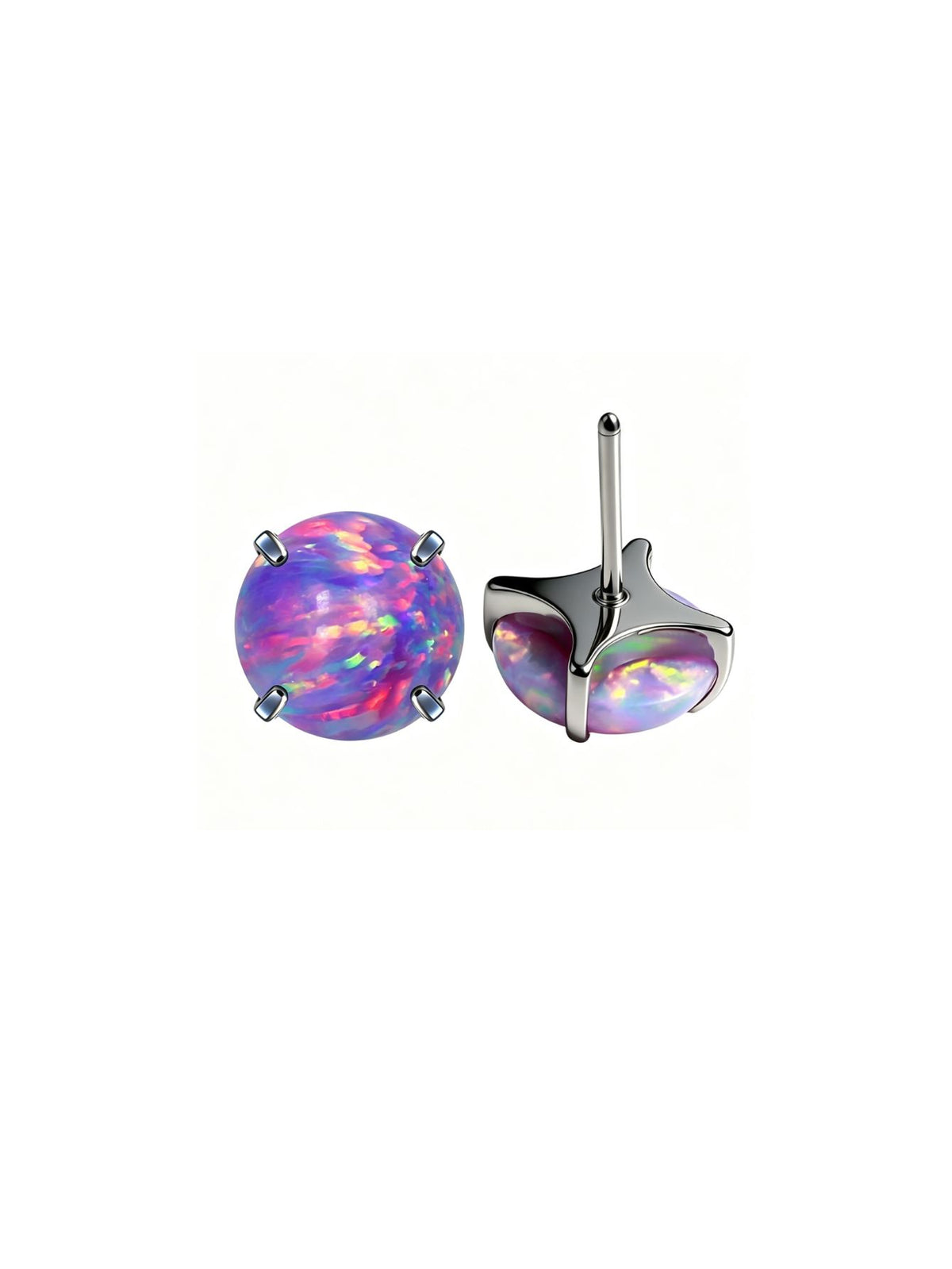 Purple opal G23 titanium flat back stud shown from front and side view