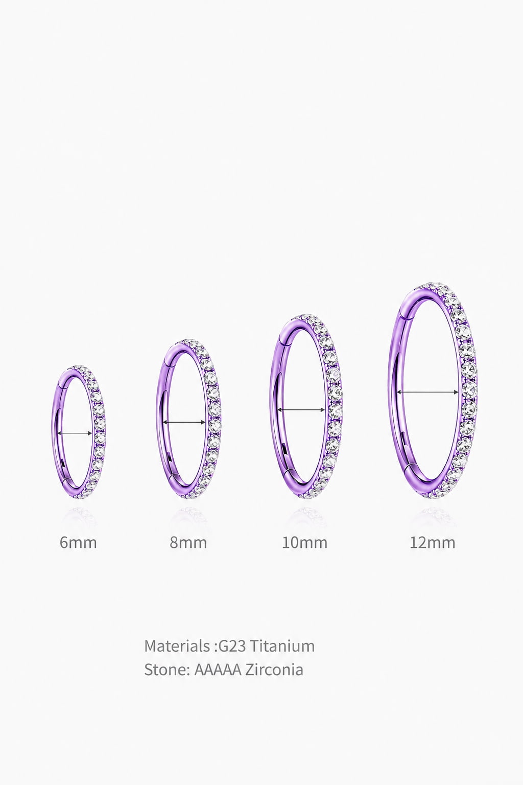 Purple G23 titanium clicker hoop rings with clear CZ stones in 6mm 8mm 10mm and 12mm sizes