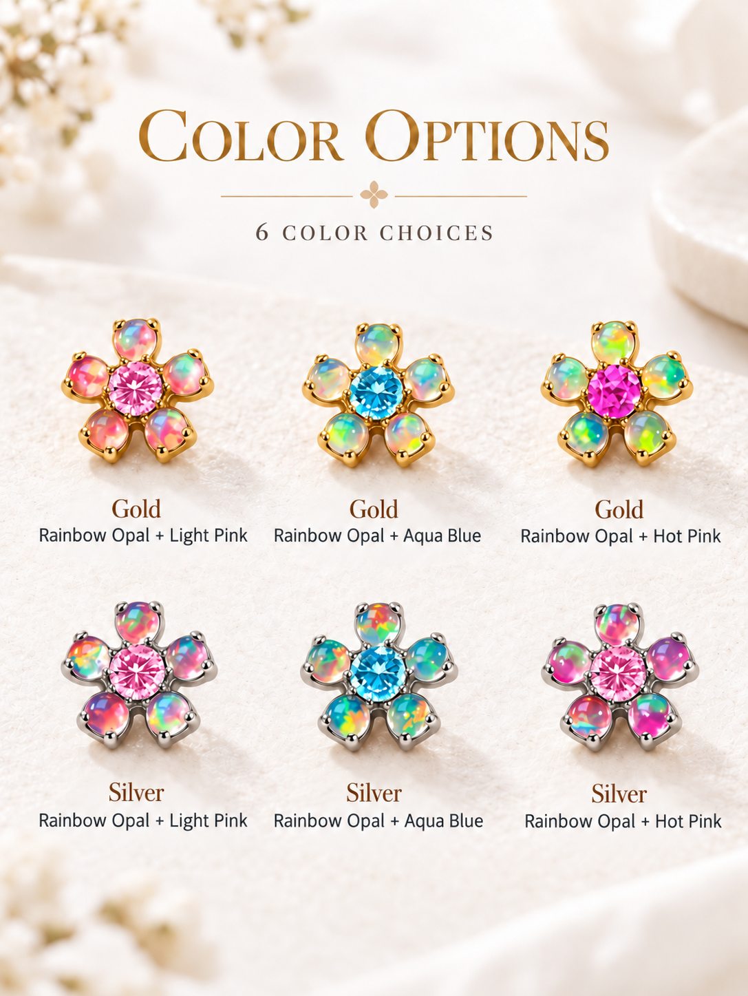 Six color options of G23 titanium rainbow opal flower flat back jewelry in gold and silver