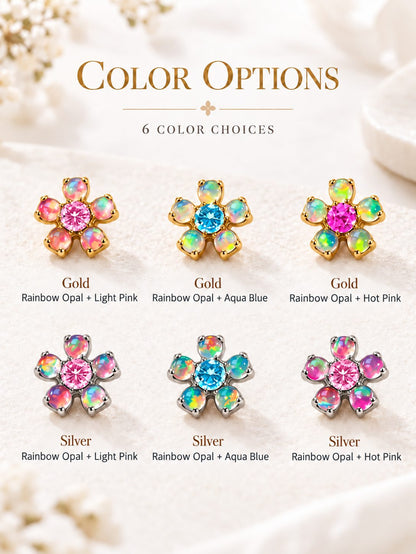Six color options of G23 titanium rainbow opal flower flat back jewelry in gold and silver