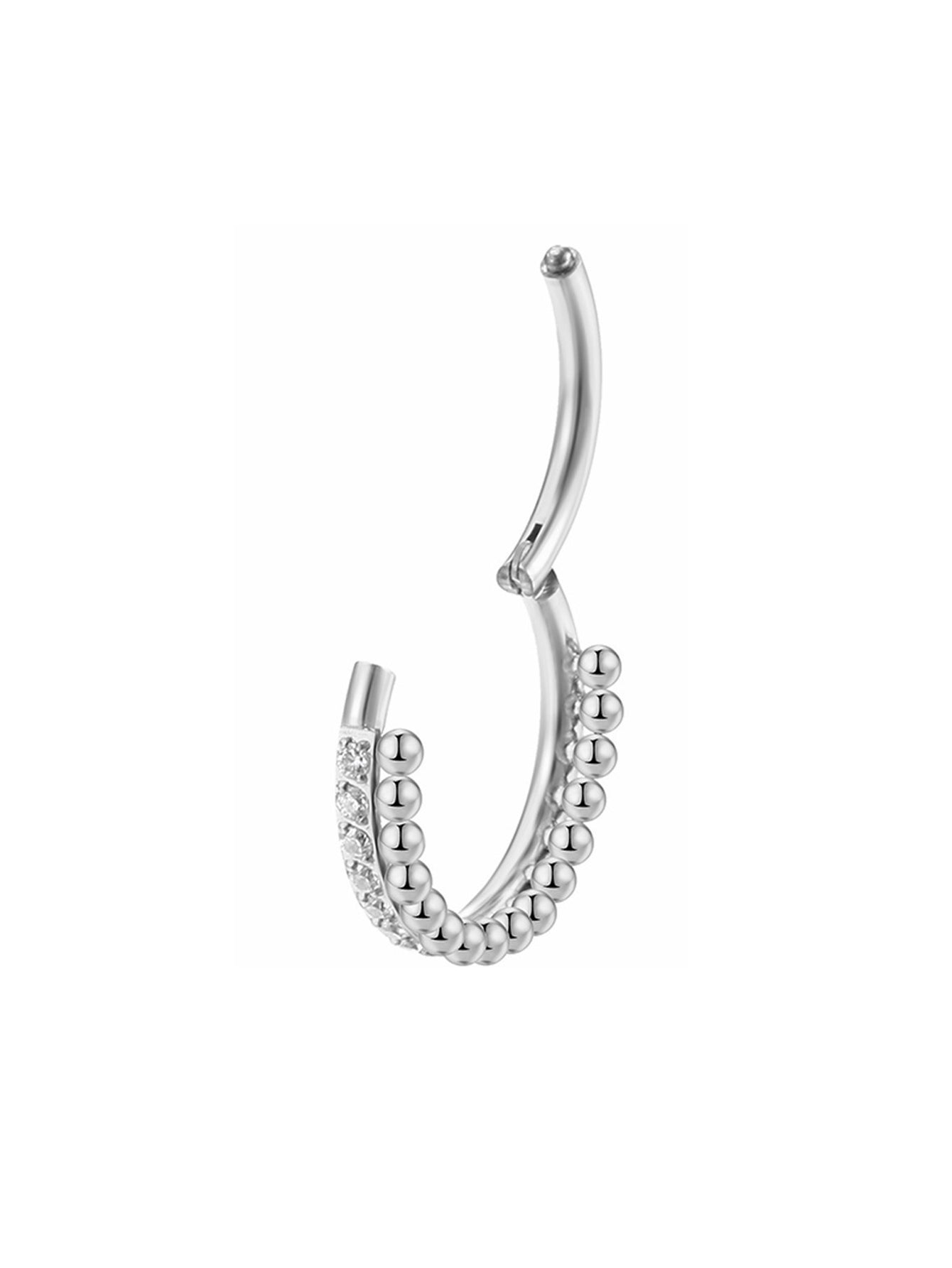 Silver titanium CZ beaded clicker hoop ring with open closure