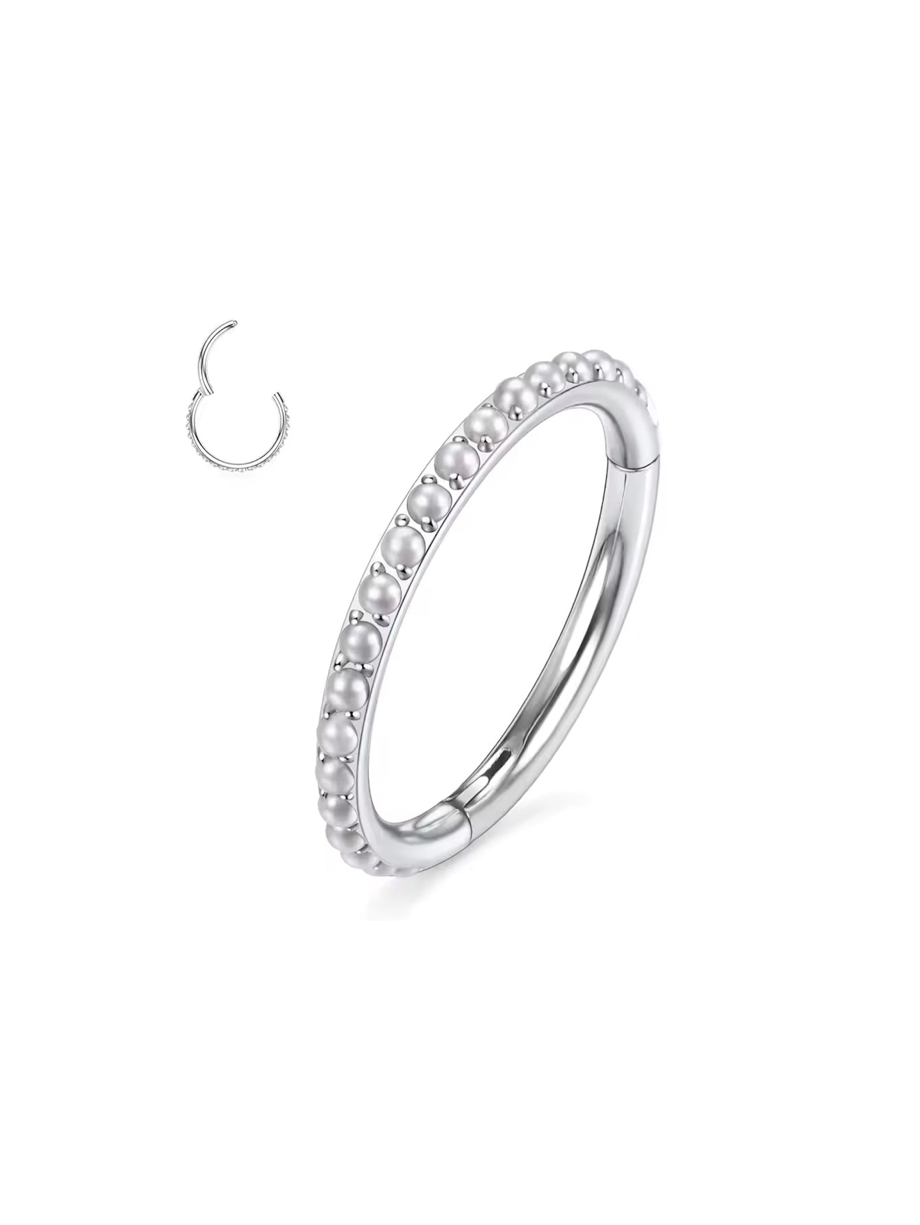 Silver G23 titanium freshwater pearl clicker hoop ring with clicker closure