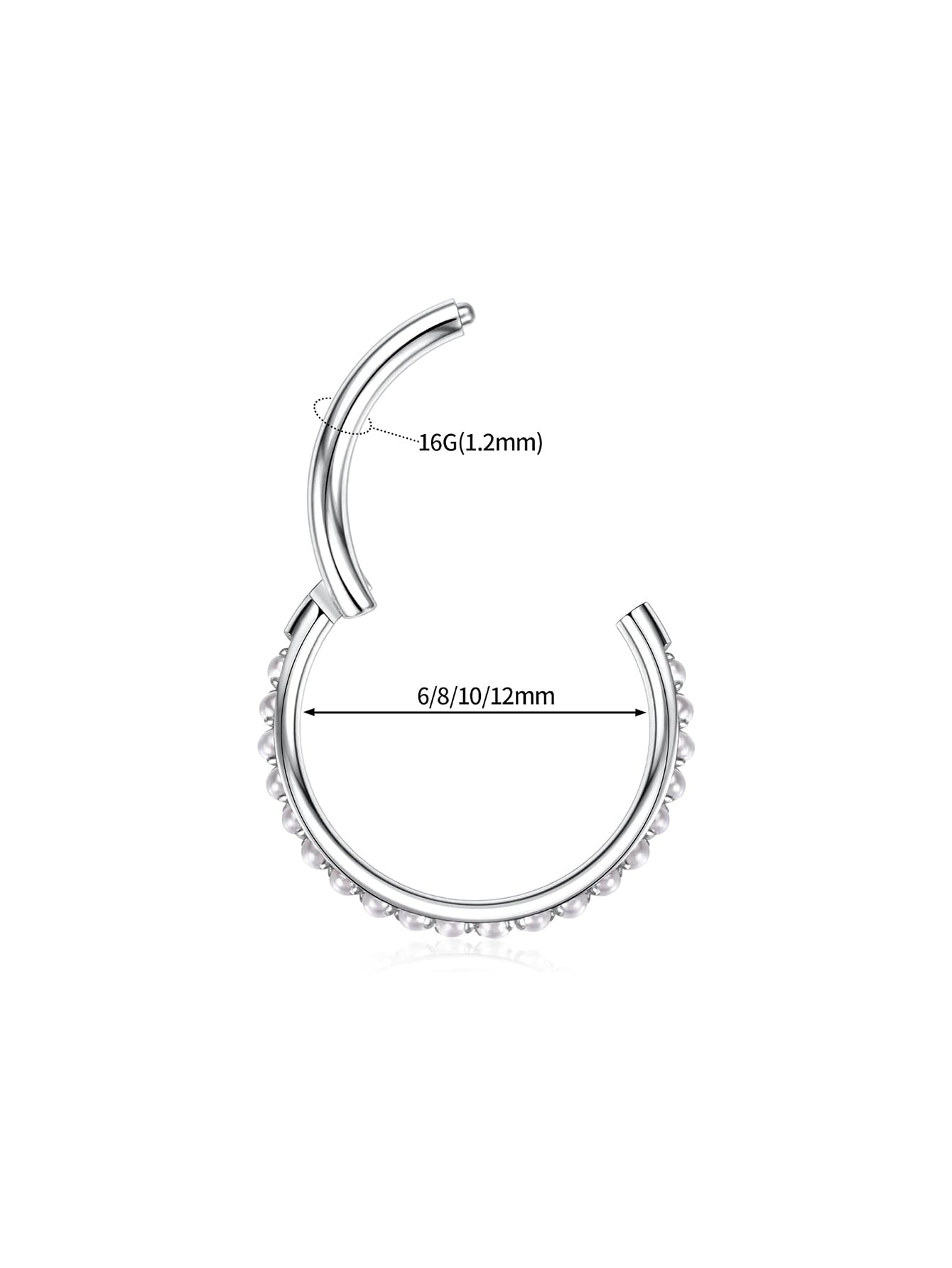 Silver G23 titanium freshwater pearl clicker hoop size guide showing 16G and 6 8 10 12mm inner diameter