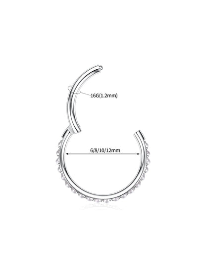 Silver G23 titanium freshwater pearl clicker hoop size guide showing 16G and 6 8 10 12mm inner diameter