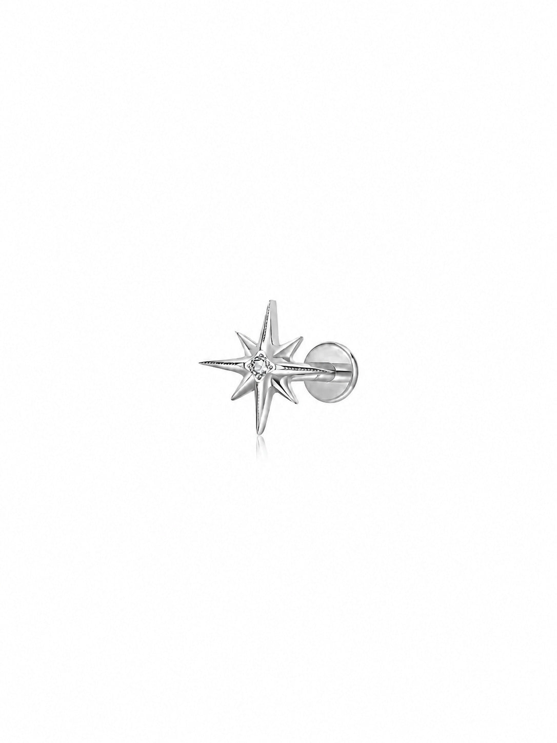 Silver G23 titanium star threadless push in flat back stud with clear CZ
