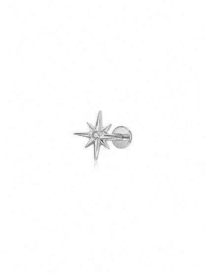Silver G23 titanium star threadless push in flat back stud with clear CZ